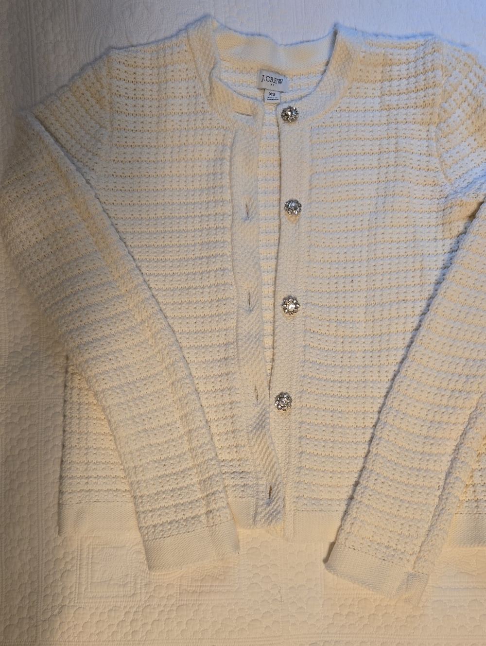 J. Crew Cream Textured Knit Cardigan with Crystal Buttons